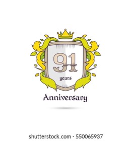 91 Years Anniversary Logo Using Heraldic Theme, Colorful and Isolated on white background