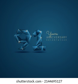 91 years anniversary logotype with blue low poly style. Vector Template Design Illustration.