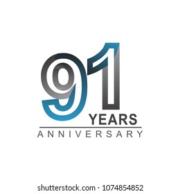 91 years anniversary logotype bold line number with grey and blue color for celebration event isolated on blue background