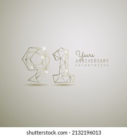 91 years anniversary logotype with gold wireframe low poly style. Vector Template Design Illustration.