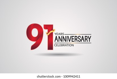 91 years anniversary logotype with red color and golden ribbon isolated on white background for celebration event
