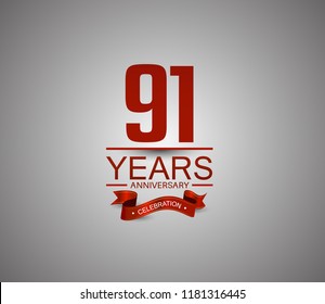 91 years anniversary logotype simple design with red ribbon for celebration purpose
