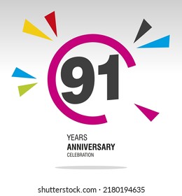 91 Years Anniversary, number in broken circle with colorful bang of confetti, logo, icon, white background