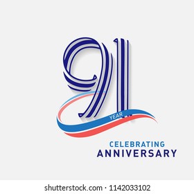 91 years Anniversary ribbon shape numbers with swoosh. Celebrating 91  years anniversary event party template.