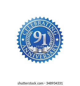 91 years anniversary silver blue badge logo