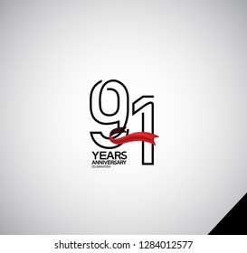 91 years anniversary simple design with red ribbon for celebration
