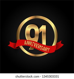 91 years Anniversary simple design with golden font and circle and red ribbon. Red ribbon and golden text on top Golden font in center circle. Simple and elegant design