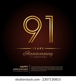 91 years anniversary, anniversary template design with double line number and golden text for birthday celebration event, invitation, banner poster, flyer, and greeting card, vector template