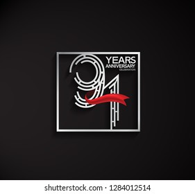 91 years anniversary template with square silver color and red ribbon