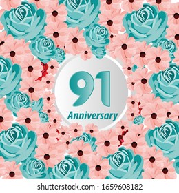 91 años. Tarjeta de saludo decorativa floral para celebración