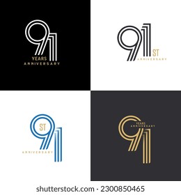 91 years anniversary vector number icon, birthday logo label, black, white and colors with stripe number