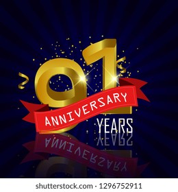 91 years anniversary Vector Template Design with golden color and silver ribbon isolated on blue sunburst background illustration for celebration event - Vector