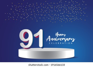 Ilustración de diseño de plantillas vectoriales de 91 años. Números 3d azules con escenario de podio para celebración
