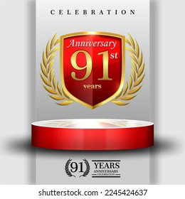 91 years gold anniversary celebration logo with 3d red cylinder podium , isolated on grey background