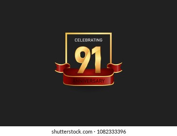 91 years golden anniversary design logotype gold square and red ribbon for celebration event, isolated on black background