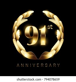91 Years Golden Anniversary Logo Celebration. Classic Logo Vector Design For Greeting Card And Invitation Card.