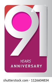91 years old celebrating modern logo. Colored happy anniversary template numbers. vector design for celebration, invitation card, and greeting card