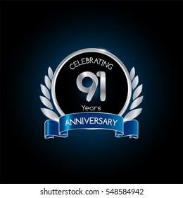 91 years silver anniversary celebration logo with blue ribbon , isolated on dark background