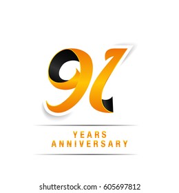 91 Years Yellow and Black  Anniversary  Logo Celebration Isolated on White Background