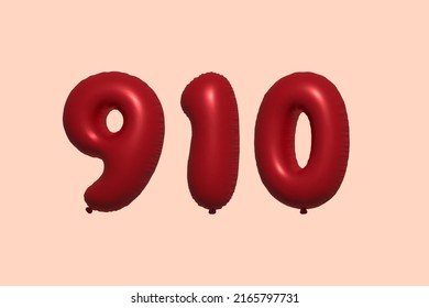 910 globo 3d número hecho de renderización 3d de globo metálico realista. Globos 3D de helio rojo para la venta decoración Fiesta Cumpleaños, Celebración de Aniversario, Fiesta de la Boda. Ilustración del vector