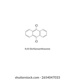 9,10-Dichloroanthracene skeletal structure. halogen hydrocarbon compound schematic illustration. Simple diagram, chemical formula.