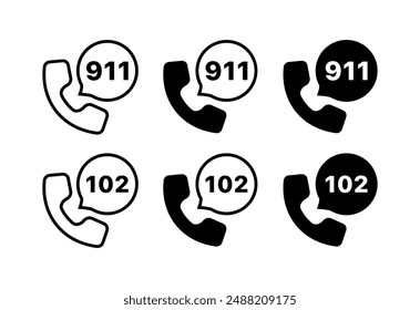 911 or 102 call set icons. Phone icons. Linear and Silhouette Styles. Vector icons.