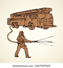 911 aid auto and hero male person on white street backdrop. Line red ink hand drawn save gear sign icon symbol sketch in modern art doodle cartoon graphic silhouette style pen on paper space for text
