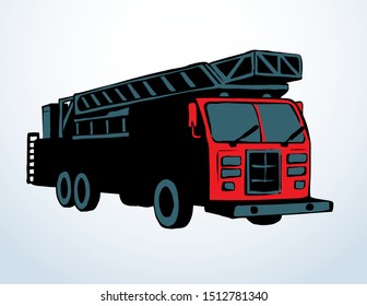 911 aid diesel drive van squad on white road backdrop. Bright red color hand drawn big public lorry siren gear black emblem logo design in modern art doodle cartoon contour print style on text space
