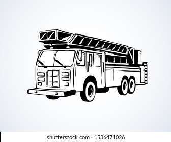 911 aid diesel drive van squad on white road backdrop. Freehand outline black ink hand drawn big lorry siren gear emblem logo sketchy in modern art scribble cartoon style pen on paper space for text