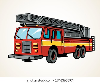 911 big aid diesel drive van squad on white road backdrop. Bright red color hand drawn big lorry siren gear emblem logo pictogram design in modern art doodle cartoon print style. Text space on ground