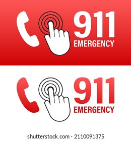 911 call in flat style. Call icon vector. Hand holding smartphone. First aid. Finger touch screen. Vector stock illustration.