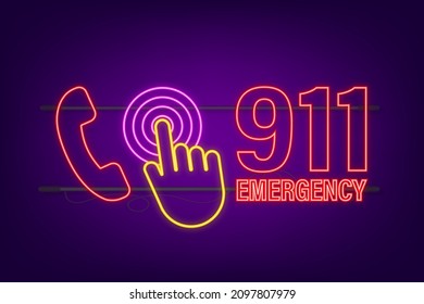 911 llamada al estilo neón. Vector de icono de llamada. Mano sosteniendo un smartphone. Primeros auxilios. Pantalla táctil de dedo. Ilustración de material vectorial.