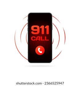 911 call on phone screen. Flat, red, 911 call, phone screen, urgent call, 911 call on phone screen. Vector icon