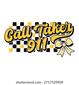 911 Call Taker retro typography t-shirt design with yellow checkered background and coquette bow. Emergency dispatcher appreciation vector illustration in preppy aesthetic for streetwear and gifts.