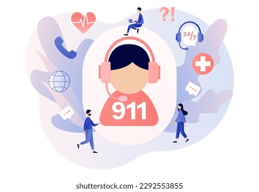 911 emergency call. Assistant manager online. Ambulance service. Hotline call center. Modern flat cartoon style. Vector illustration on white background