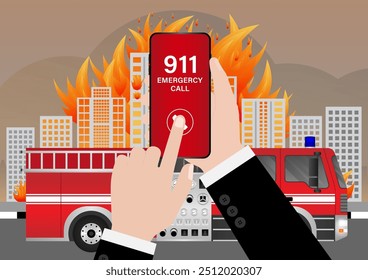 911 Emergency Call for Fire Truck about Burning House and Burning Building. Hand Holding Smartphone with 911 Emergency Call. Vector Illustration. 