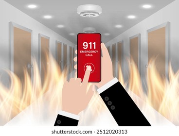 911 Emergency Call for Fire Truck about Burning House and Burning Building. Hand Holding Smartphone with 911 Emergency Call. Vector Illustration. 