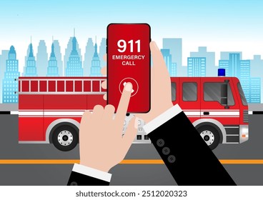 Llamada de emergencia al 911 para un camión de bomberos sobre la casa en llamas y el edificio en llamas. Smartphone de mano con llamada de emergencia 911. Ilustración vectorial. 