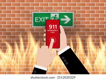 911 Emergency Call for Fire Truck about Burning House and Burning Building. Hand Holding Smartphone with 911 Emergency Call. Vector Illustration. 