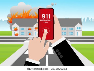 911 Emergency Call for Fire Truck about Burning House and Burning Building. Hand Holding Smartphone with 911 Emergency Call. Vector Illustration. 