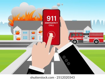 911 Emergency Call for Fire Truck about Burning House and Burning Building. Hand Holding Smartphone with 911 Emergency Call. Vector Illustration. 