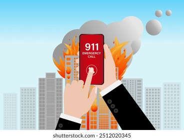 911 Emergency Call for Fire Truck about Burning House and Burning Building. Hand Holding Smartphone with 911 Emergency Call. Vector Illustration. 