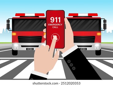 911 Emergency Call for Fire Truck about Burning House and Burning Building. Hand Holding Smartphone with 911 Emergency Call. Vector Illustration. 