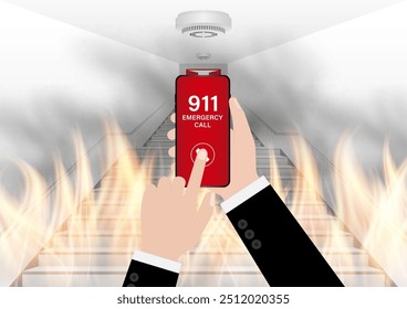 911 Emergency Call for Fire Truck about Burning House and Burning Building. Hand Holding Smartphone with 911 Emergency Call. Vector Illustration. 
