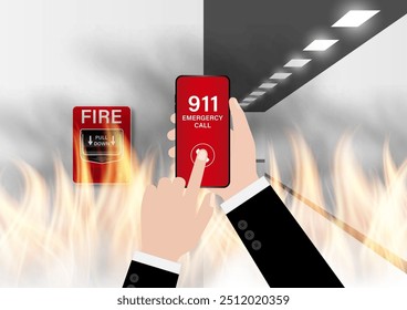 911 Emergency Call for Fire Truck about Burning House and Burning Building. Hand Holding Smartphone with 911 Emergency Call. Vector Illustration. 
