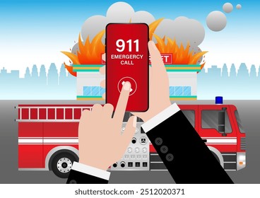 911 Emergency Call for Fire Truck about Burning House and Burning Building. Hand Holding Smartphone with 911 Emergency Call. Vector Illustration. 