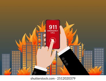 911 Chamada de Emergência para Caminhão de Bombeiros sobre Queimando Casa e Edifício. Mão Segurando Smartphone com Chamada de Emergência 911. Ilustração de vetor. 