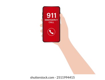 911 Emergency Call. Hand Holding Smartphone with 911 Emergency Call. Vector Illustration. 