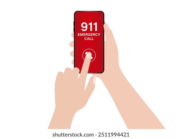 911 Emergency Call. Hand Holding Smartphone with 911 Emergency Call. Vector Illustration. 