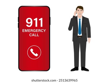 Notruf 911. Mann ruft 911 an. Vektorgrafik.